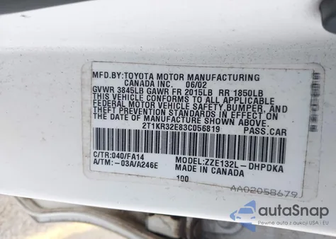 2003 Toyota Matrix Standard из США, поврежденный, VIN 2T1KR32E83C056819